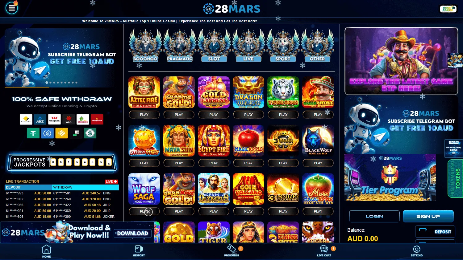 28mars Casino home page on desktop with the welcome offer and casino categories