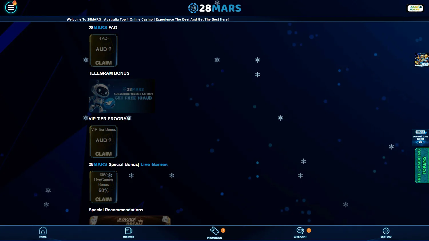 28mars Casino promotions area on desktop with reload, cashback and loyalty offers